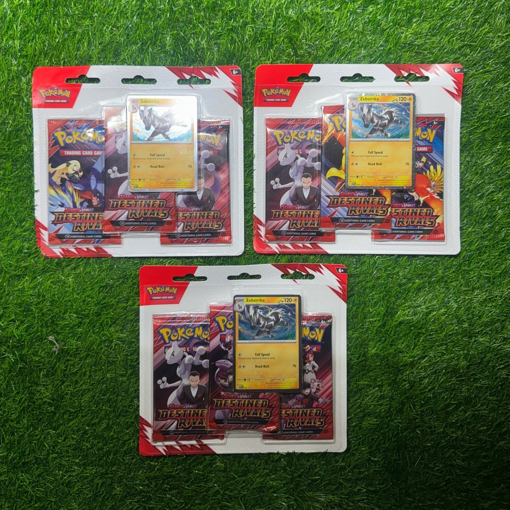3x 2025 Pokemon Scarlet & Violet ‘Zebstrika Destined Rivals 3 Pack Blister Pack’